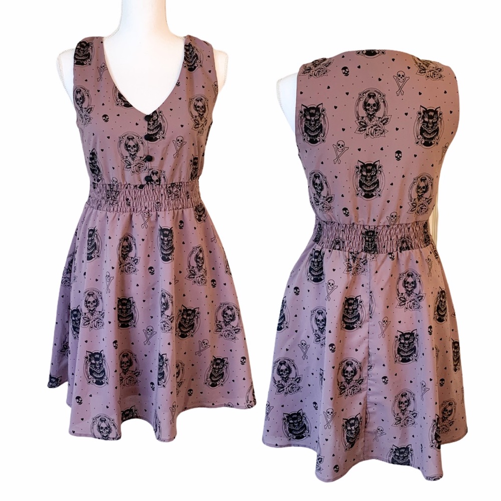 Sourpuss Mauve Rockabilly Skull A Line Dress Sz Sm